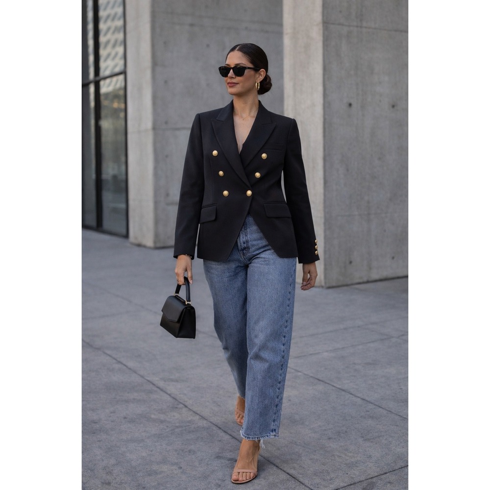 L'AGENCE‎ Double Breasted Blazer Womens Black Excellent Gold Button Peak Lapel